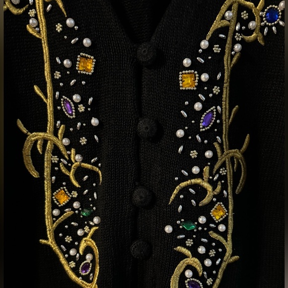 VTG 80’s Victoria Jones Embroidered Beaded Embellished Black Gold Cardigan Med - Picture 10 of 14